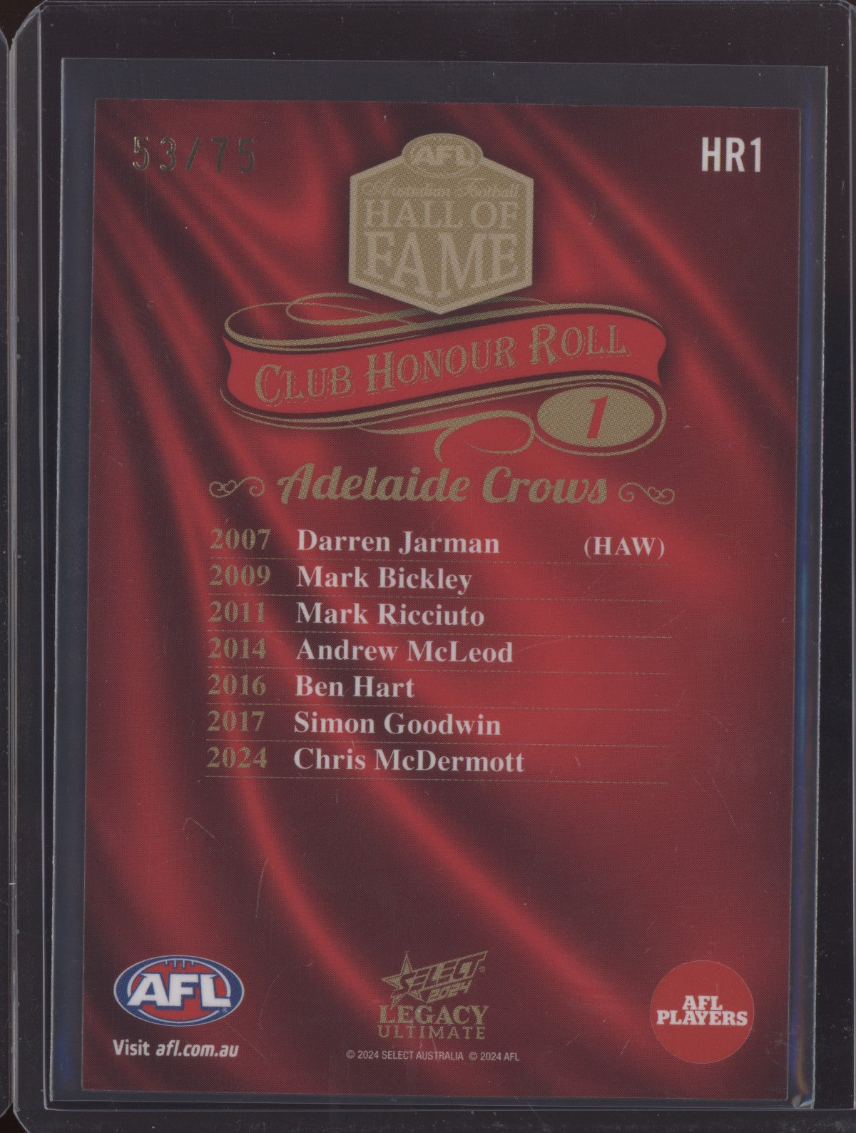 Adelaide Crows 1 2024 Select Legacy Ultimate Hall of Fame Honour Roll 53/75