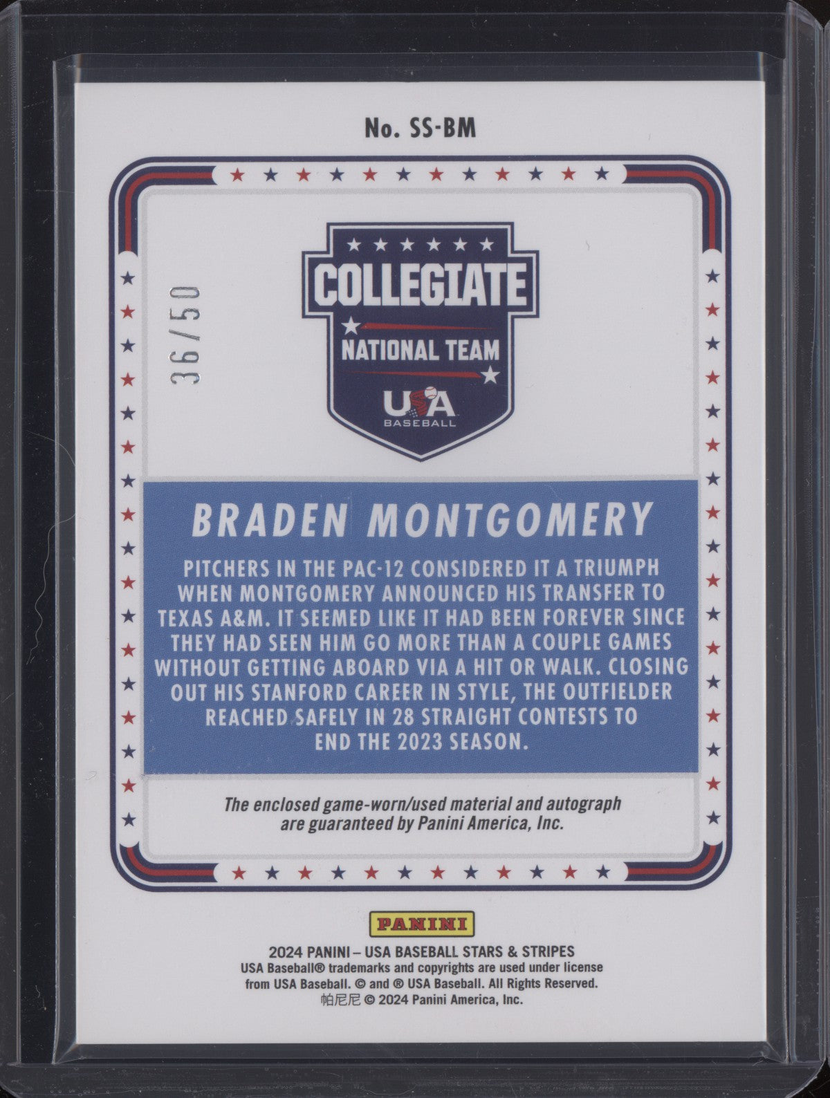 Braden Montgomery 2024 Panini USA Stars & Stripes Jersey Auto Black Gold RC /50