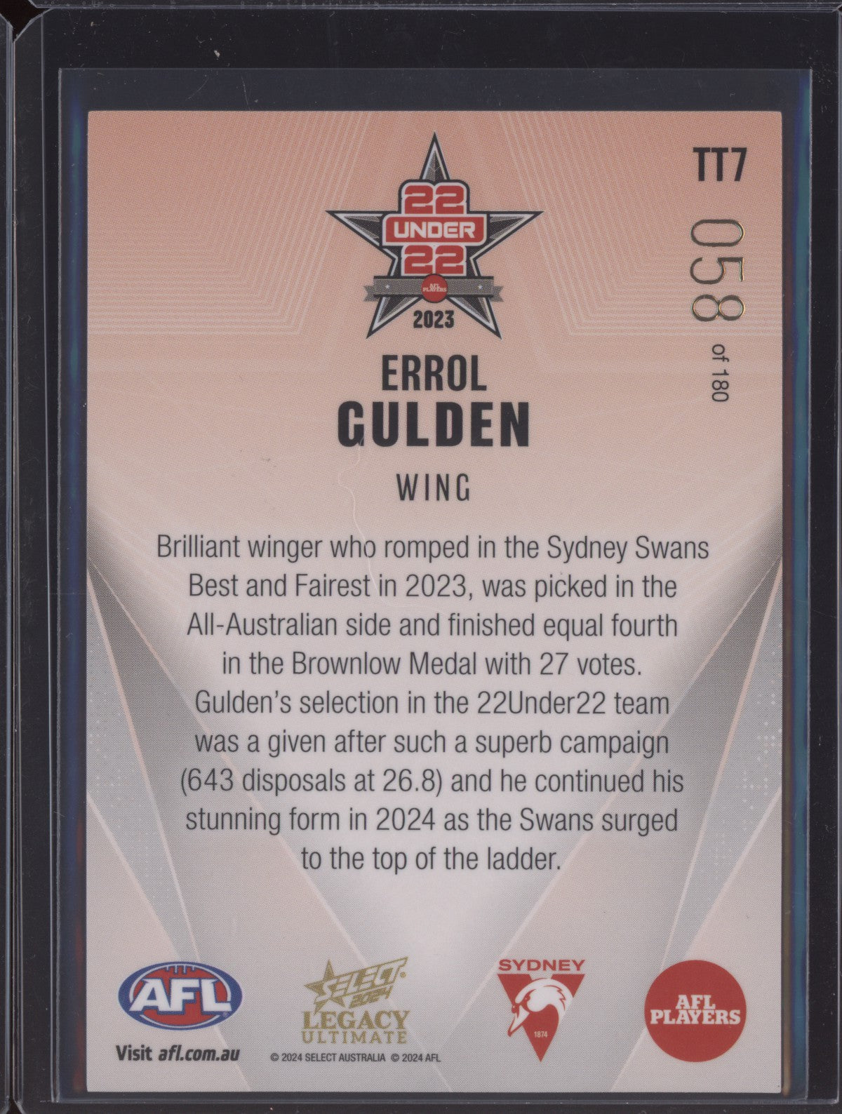 Errol Gulden 2024 Select Legacy Ultimate 22 Under 22 58/180