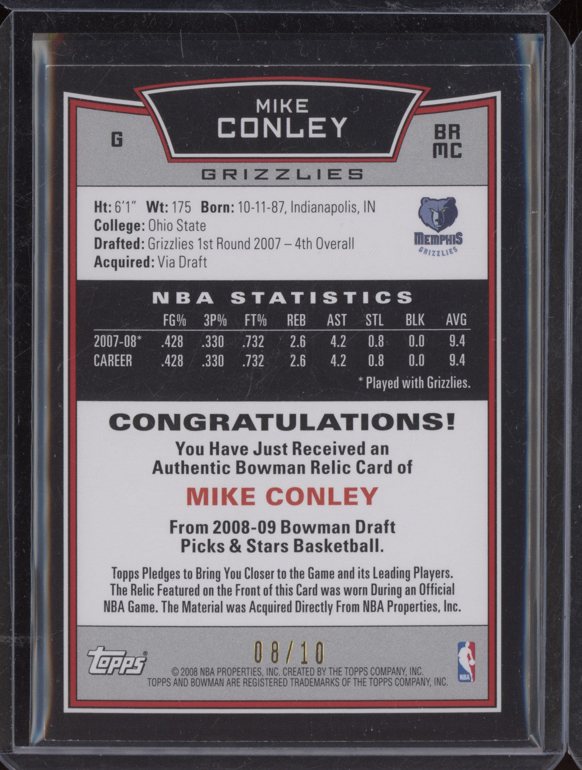 Mike Conley 2008-09 Bowman Draft Picks & Stars Jersey Gold 8/10