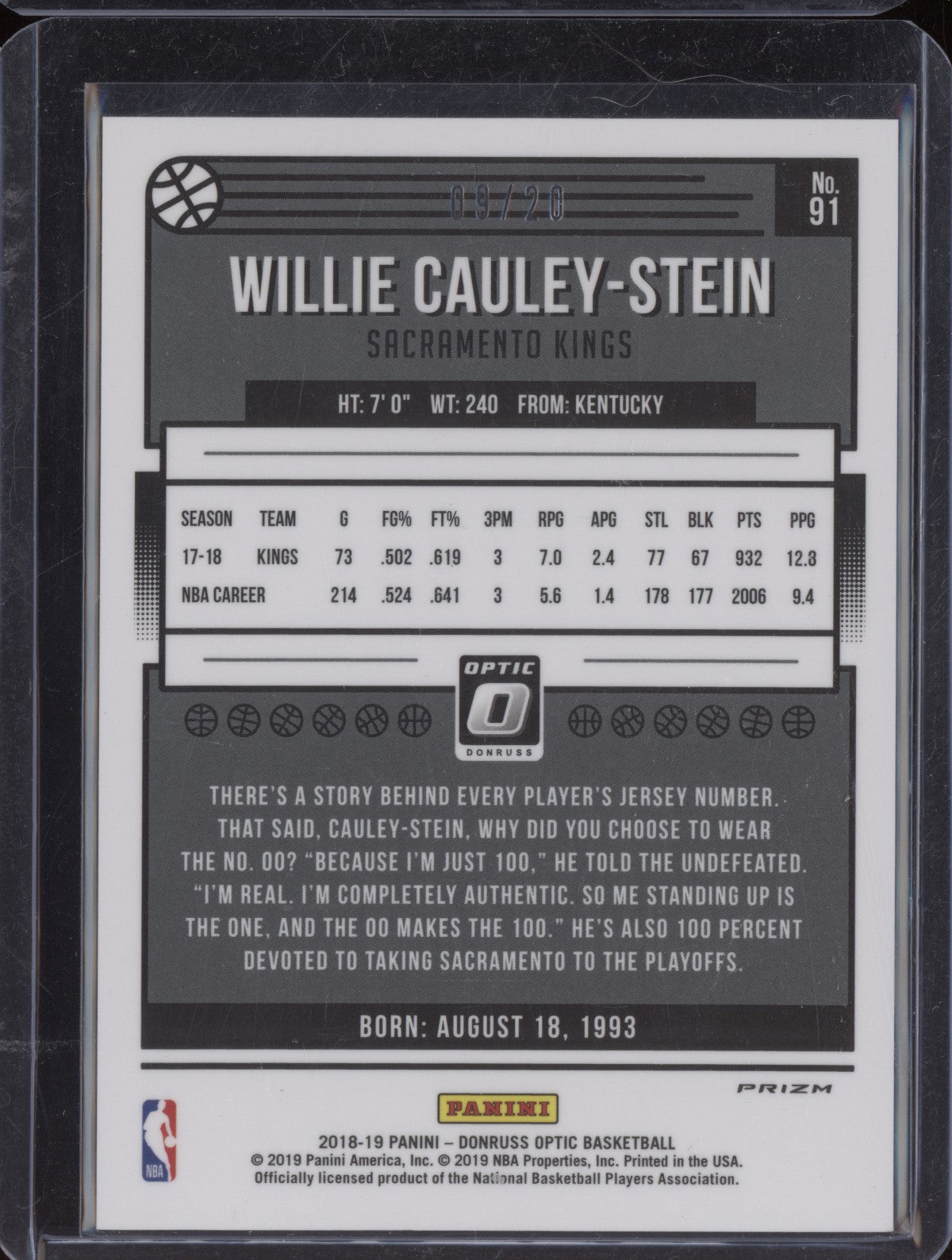 Willie Cauley-Stein 2018-19 Panini Donruss Optic Fast Break Pink 9/20