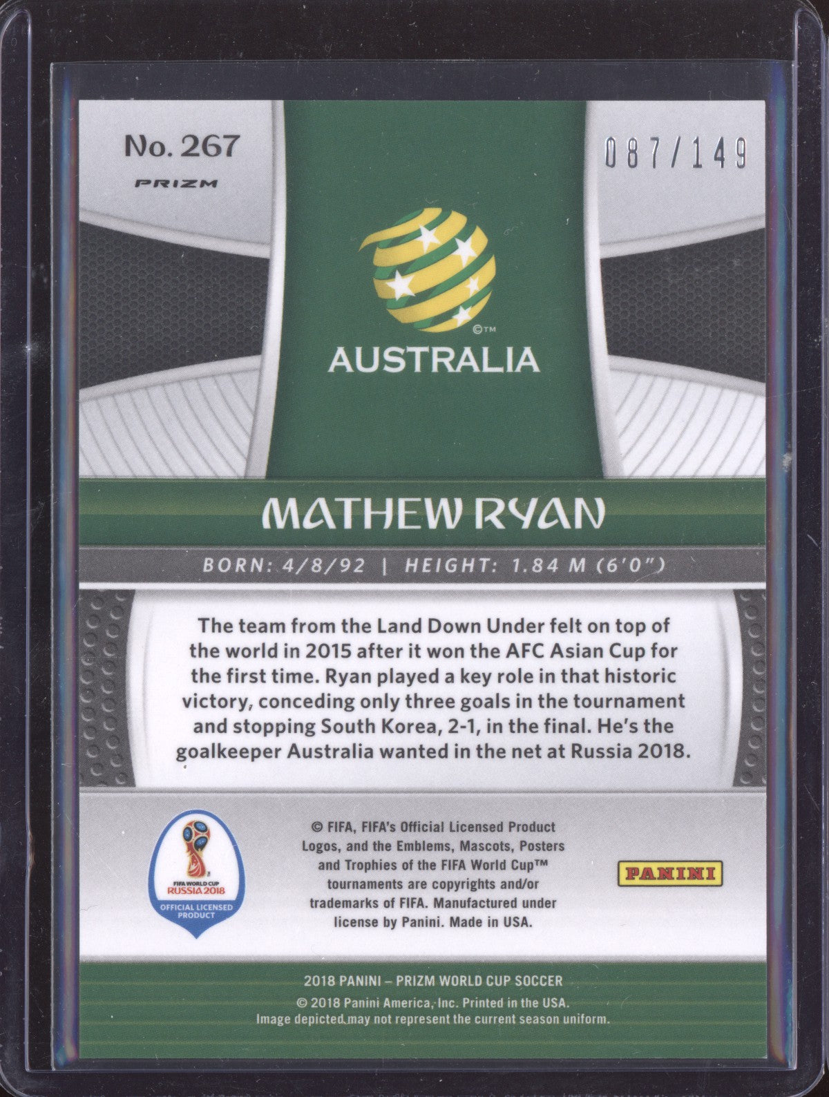 Mathew Ryan 2018 Panini Prizm World Cup Red 87/149