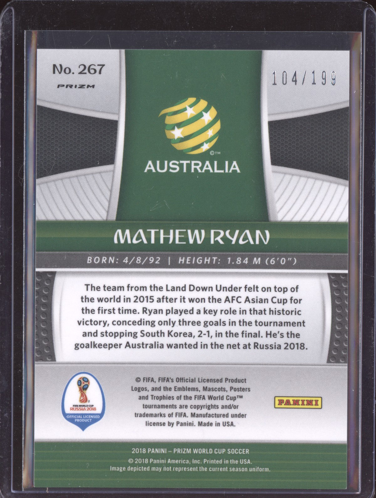 Mathew Ryan 2018 Panini Prizm World Cup Blue 104/199