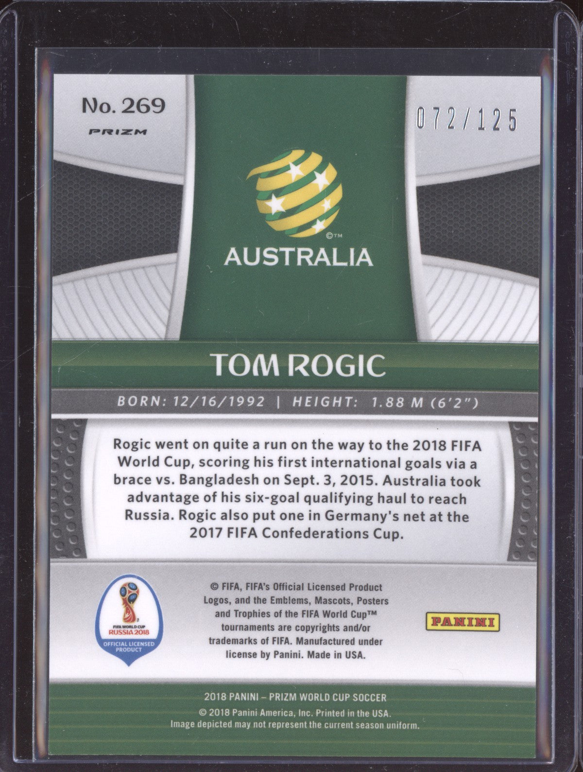 Tom Rogic 2018 Panini Prizm World Cup Light Blue Lazer 72/125