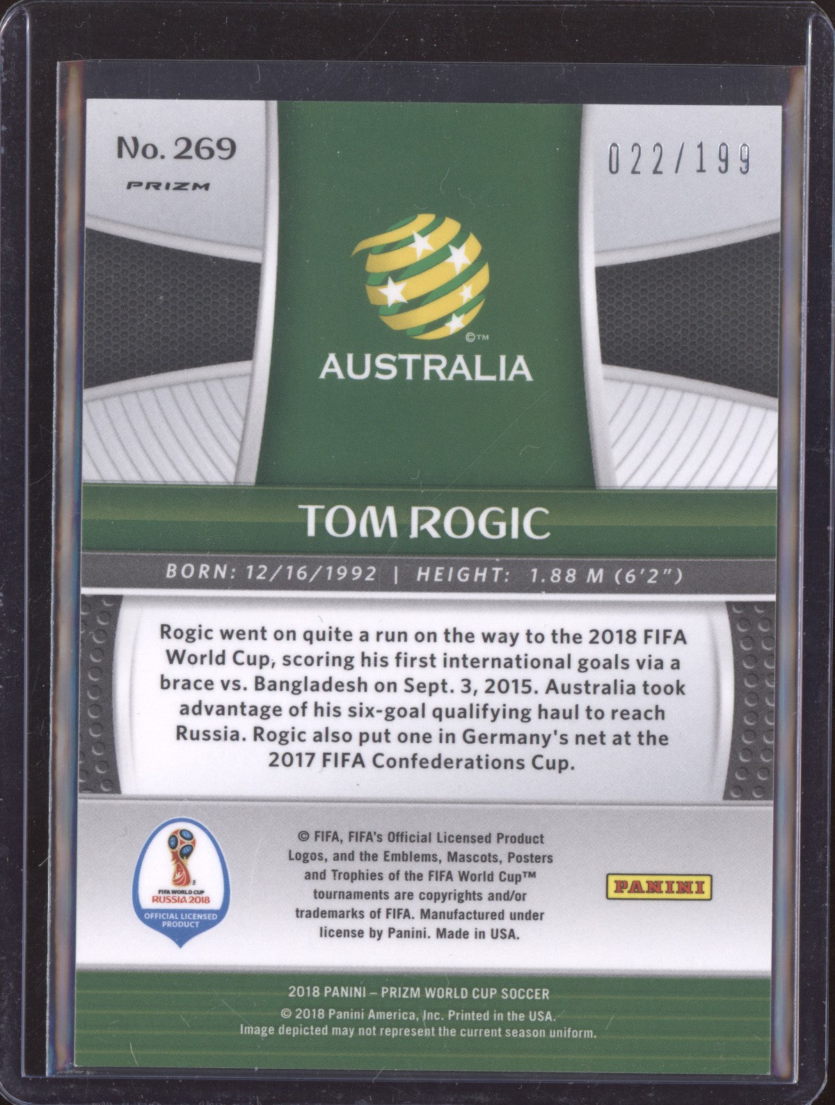 Tom Rogic 2018 Panini Prizm World Cup Blue 22/199