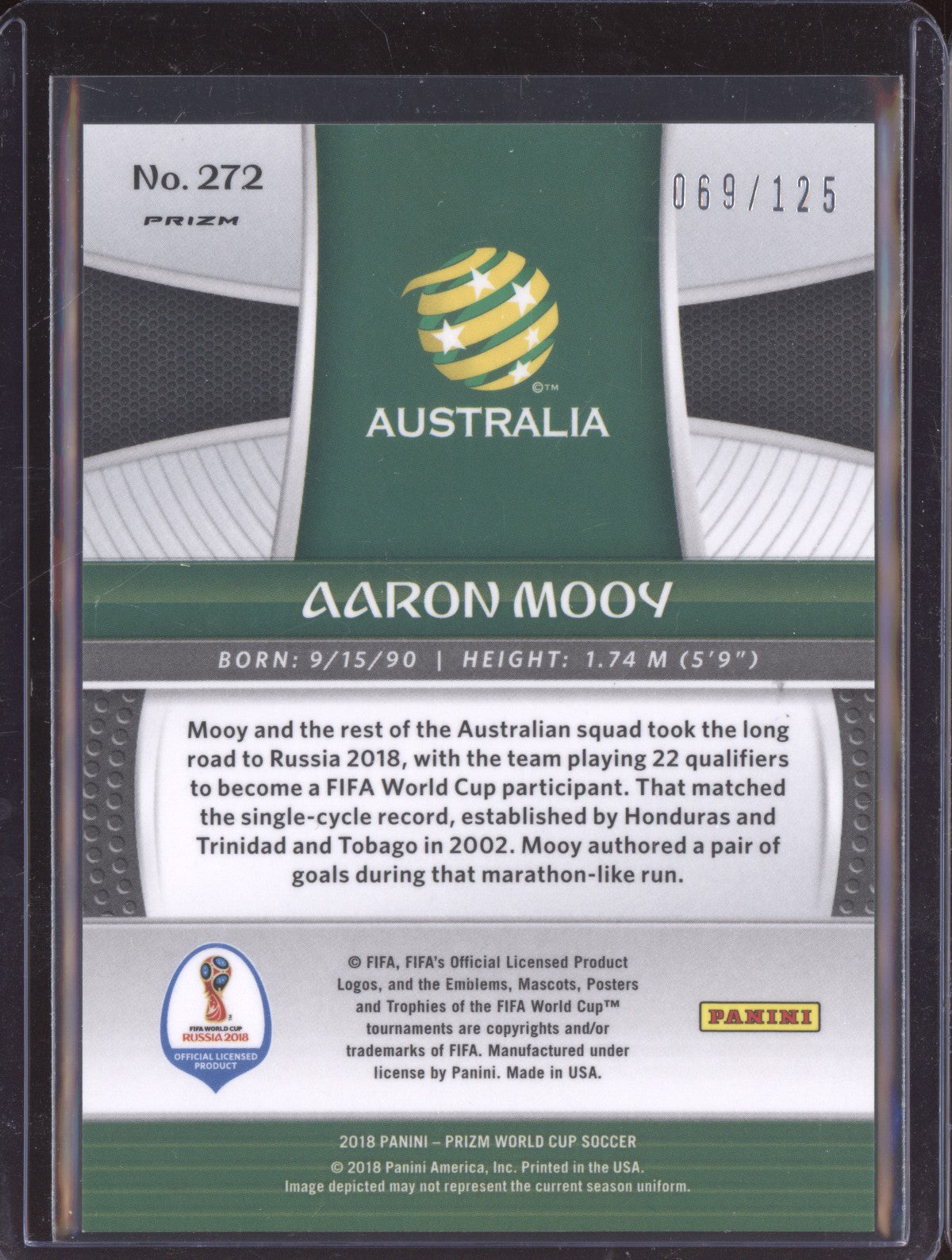 Aaron Mooy 2018 Panini Prizm World Cup Light Blue Lazer 69/125