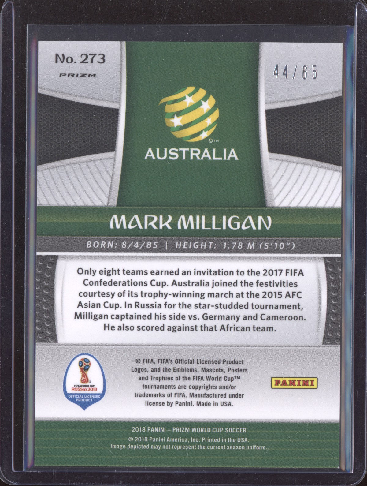 Mark Milligan 2018 Panini Prizm World Cup Orange 44/65