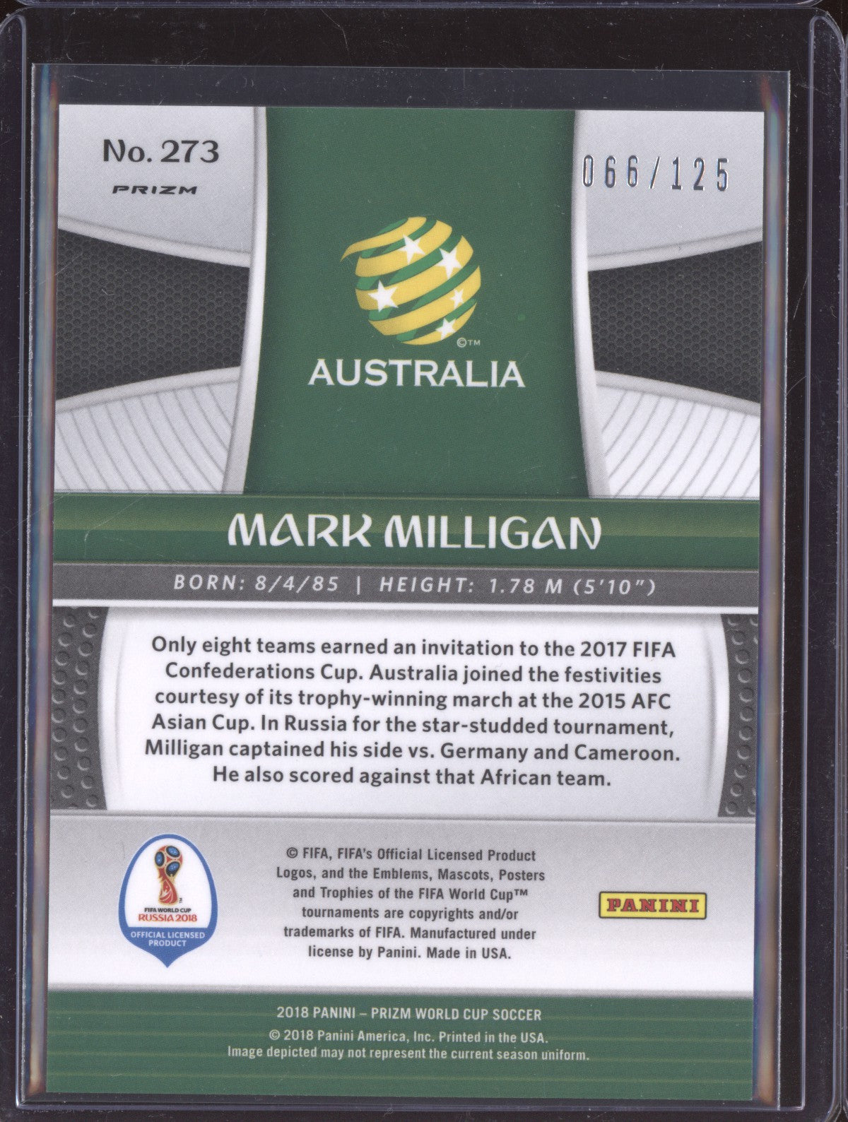 Mark Milligan 2018 Panini Prizm World Cup Light Blue Lazer 66/125