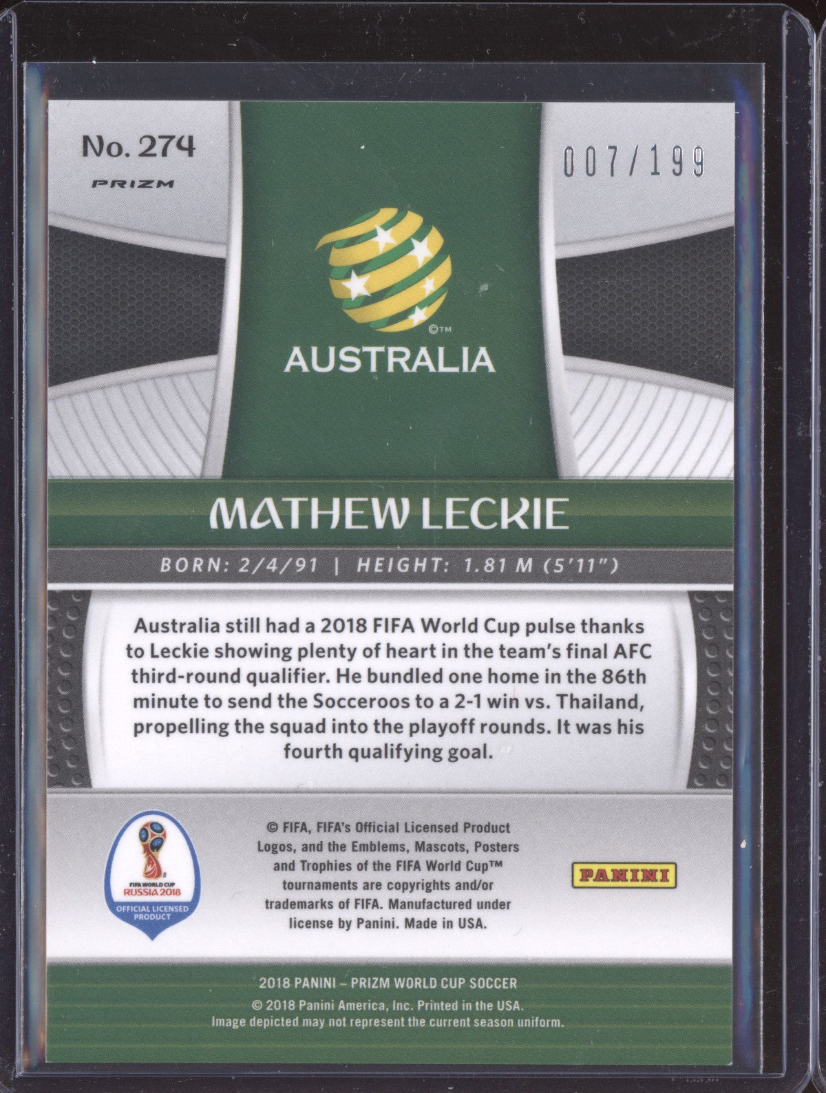 Mathew Leckie 2018 Panini Prizm World Cup Blue Jersey Number 7/199