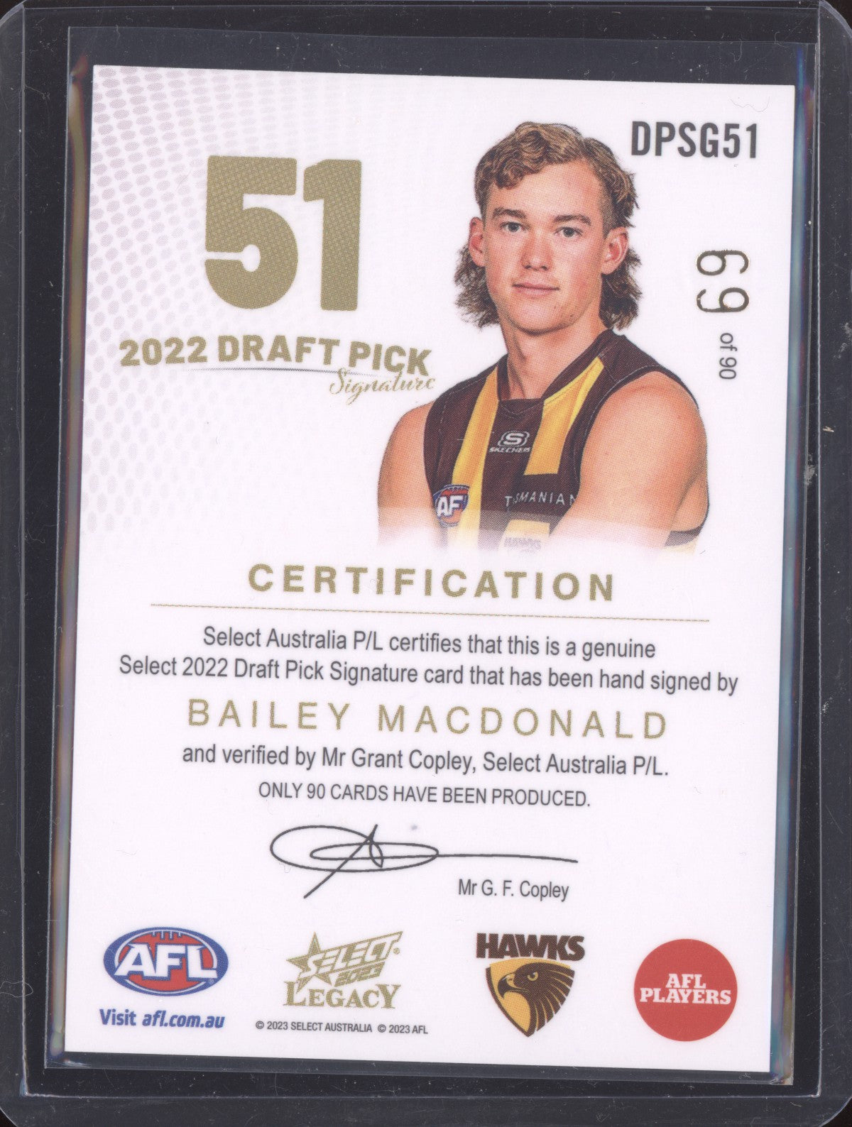 Bailey Macdonald 2023 Select Legacy Draft Pick Signature Gold 69/90