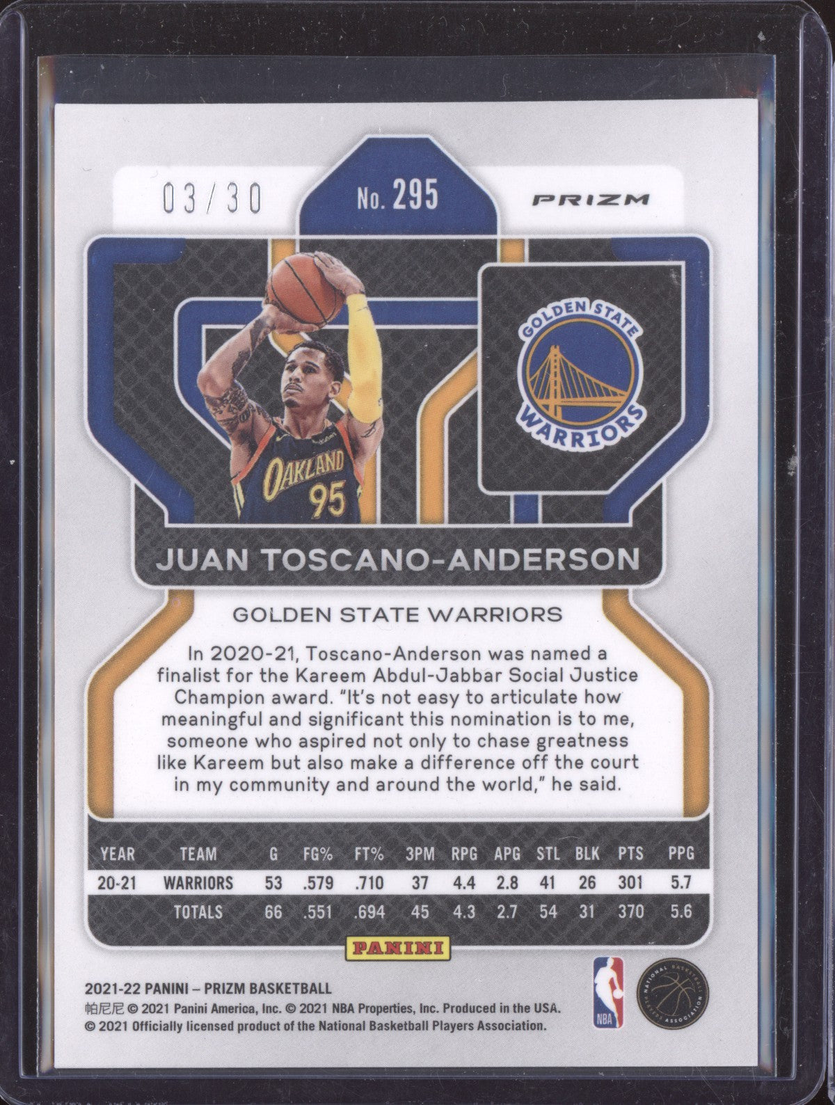 Juan Toscano-Anderson 2021-22 Panini Prizm Blue Shimmer RC 3/30