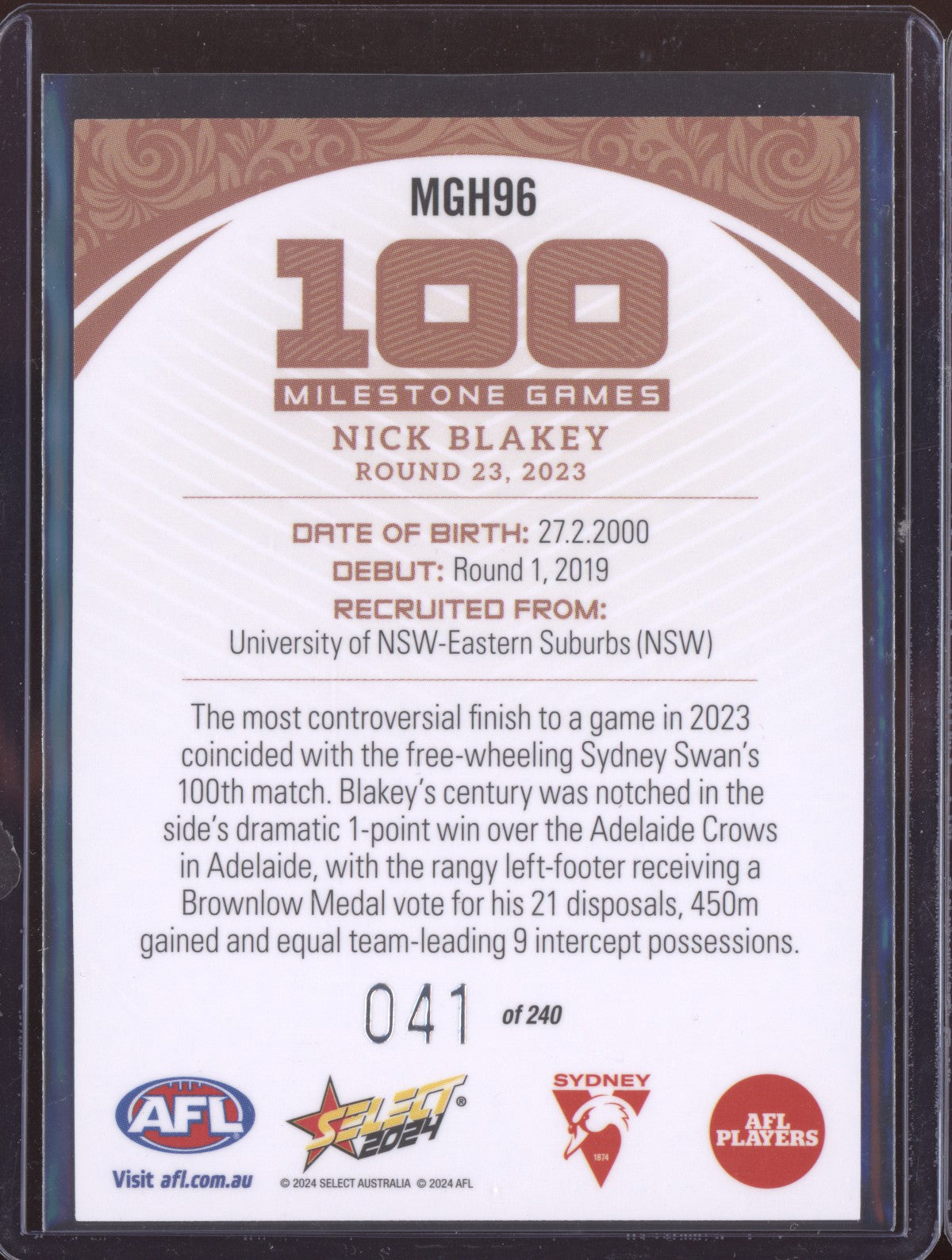 Nick Blakey 2024 Select Footy Stars Milestone Game Hobby 41/240