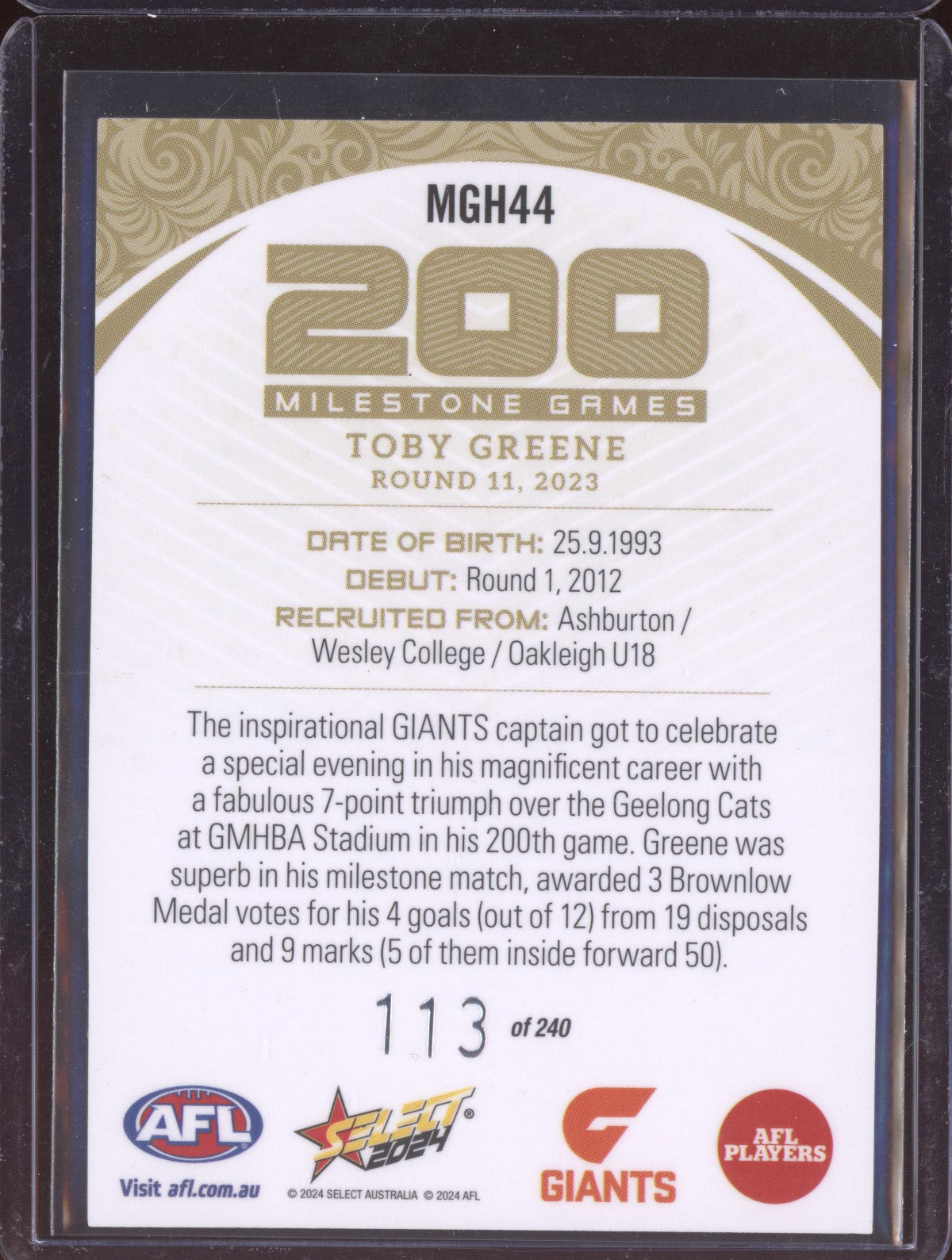 Toby Greene 2024 Select Footy Stars Milestone Game Hobby 113/240