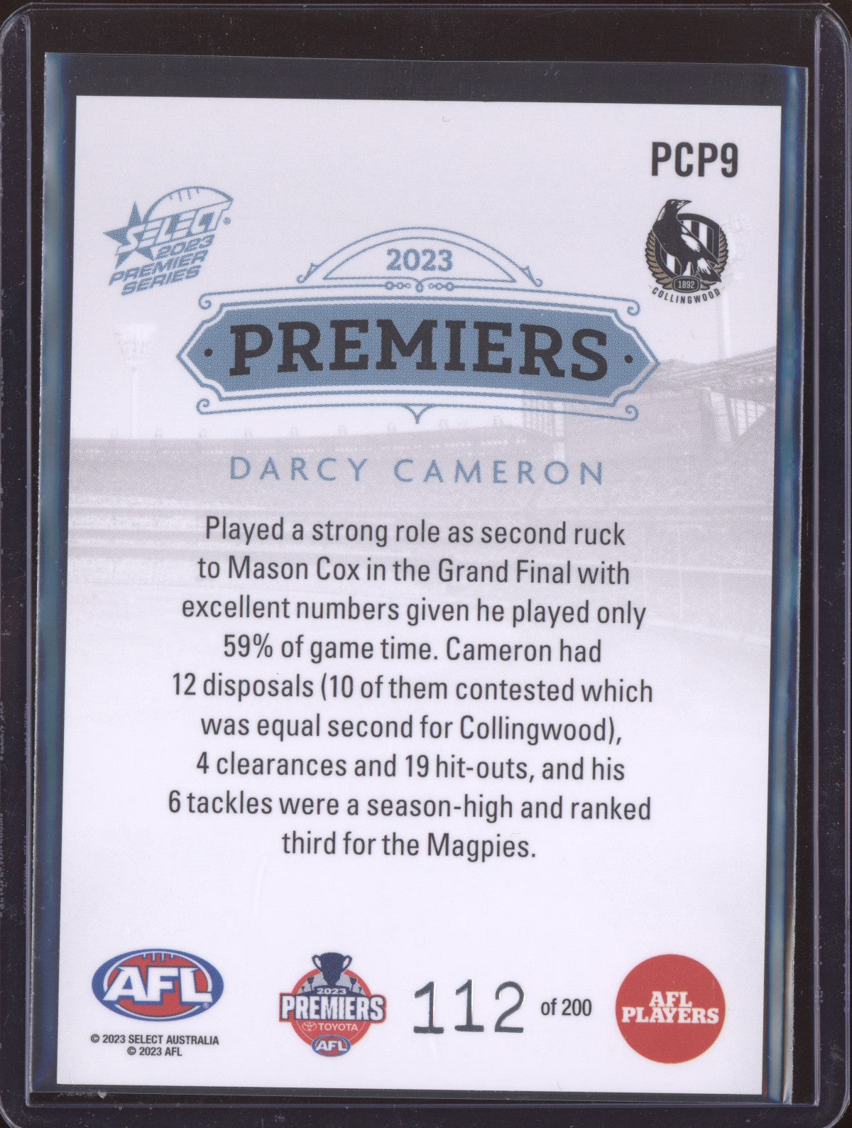 Darcy Cameron 2023 Select Collingwood Premiership Platinum Set 112/200