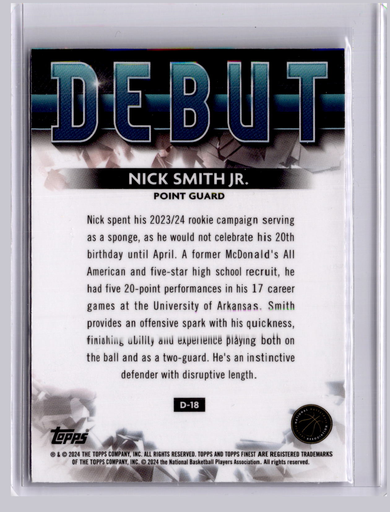Nick Smith Jr 2023-24 Topps Finest Debut Purple X-Fractor RC 92/125