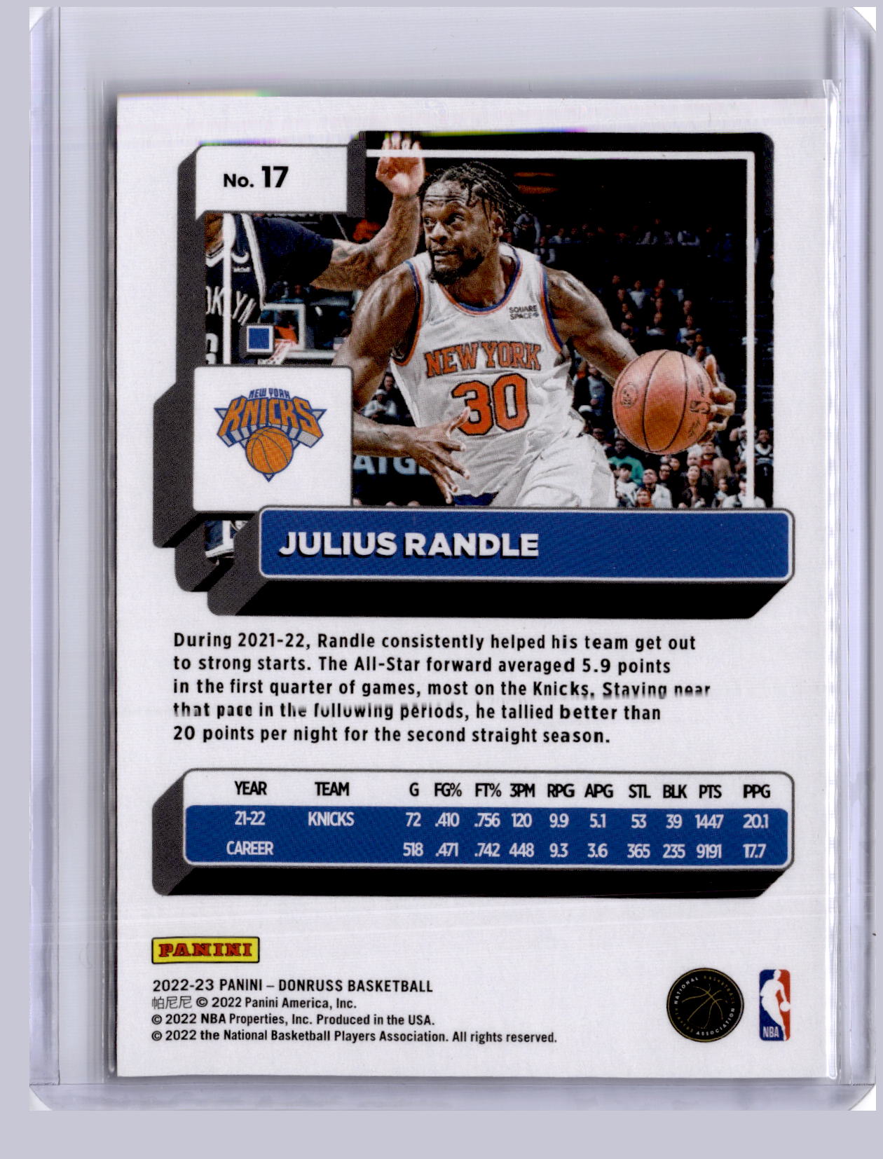 Julius Randle 2022-23 Panini Donruss Purple Press Proof 87/199