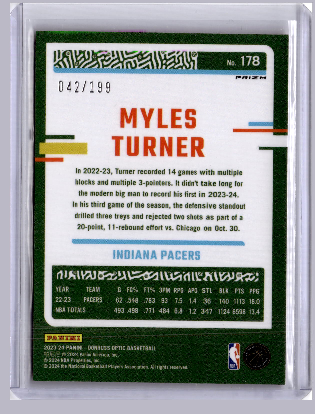 Myles Turner 2023-24 Panini Donruss Optic Orange 42/199