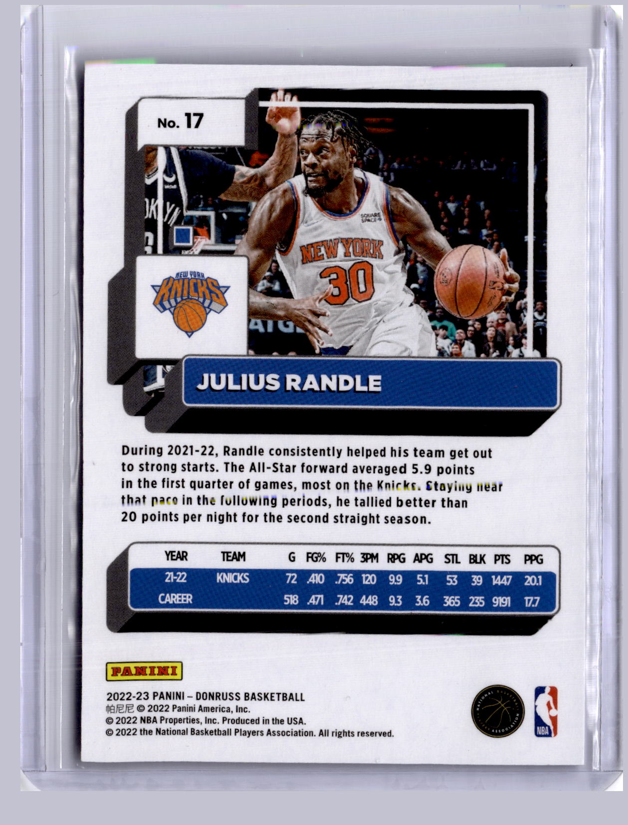 Julius Randle 2022-23 Panini Donruss Choice Blue 43/49
