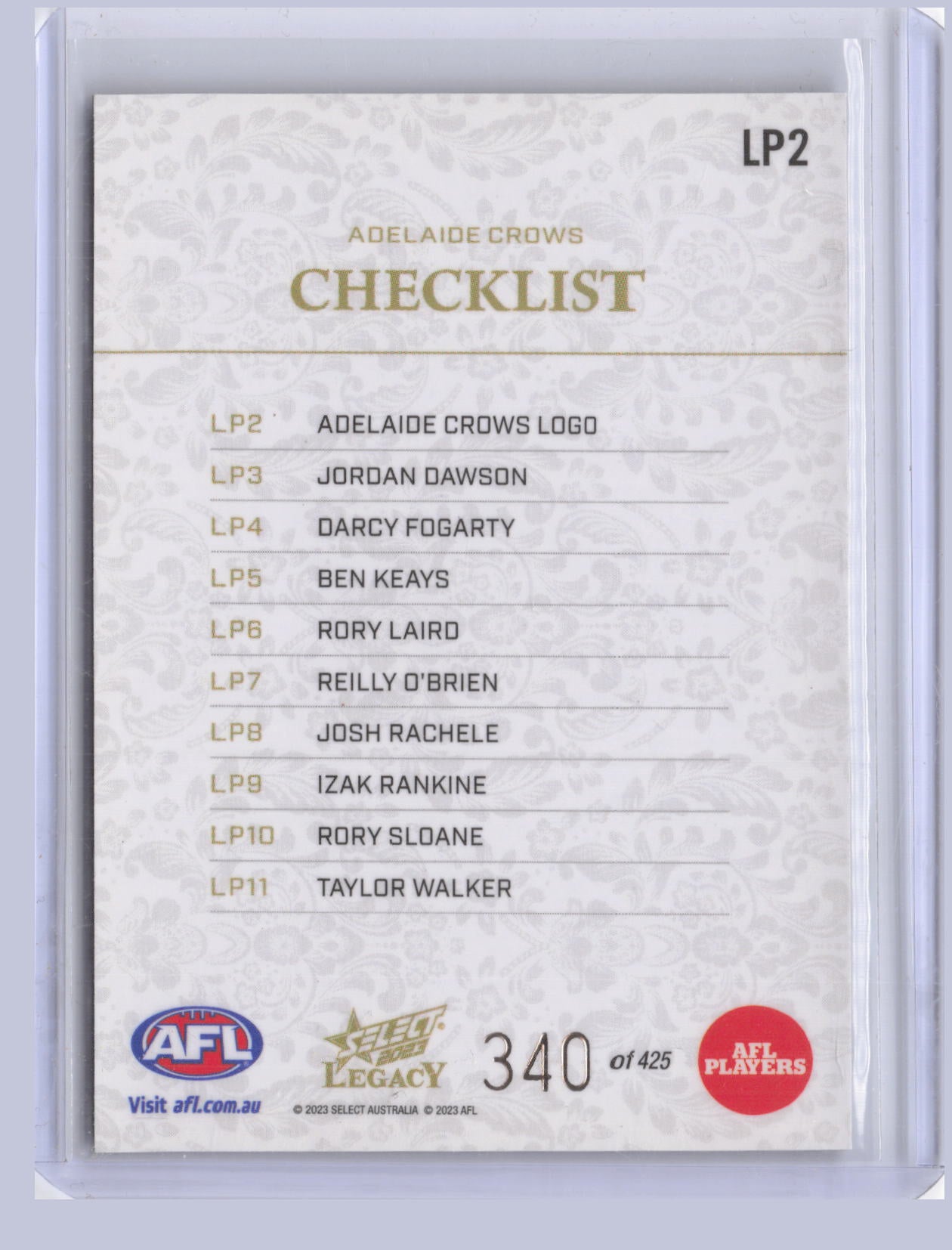 Adelaide Crows Checklist 2023 Select Legacy Plus 340/425