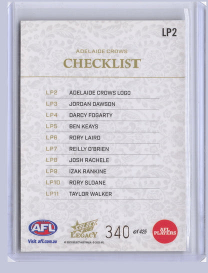 Adelaide Crows Checklist 2023 Select Legacy Plus 340/425