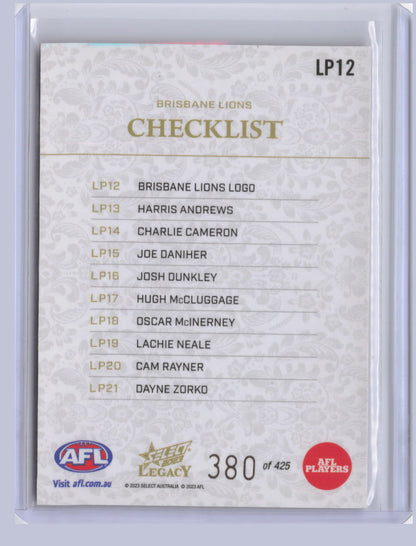 Brisbane Lions Checklist 2023 Select Legacy Plus 380/425
