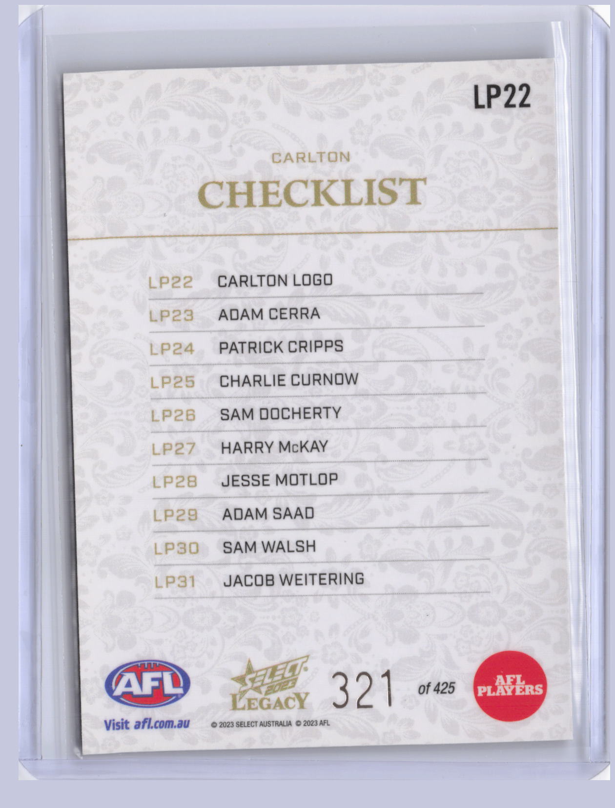 Carlton Checklist 2023 Select Legacy Plus 321/425