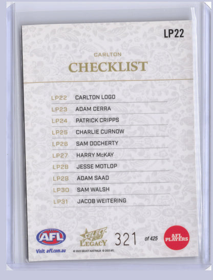 Carlton Checklist 2023 Select Legacy Plus 321/425
