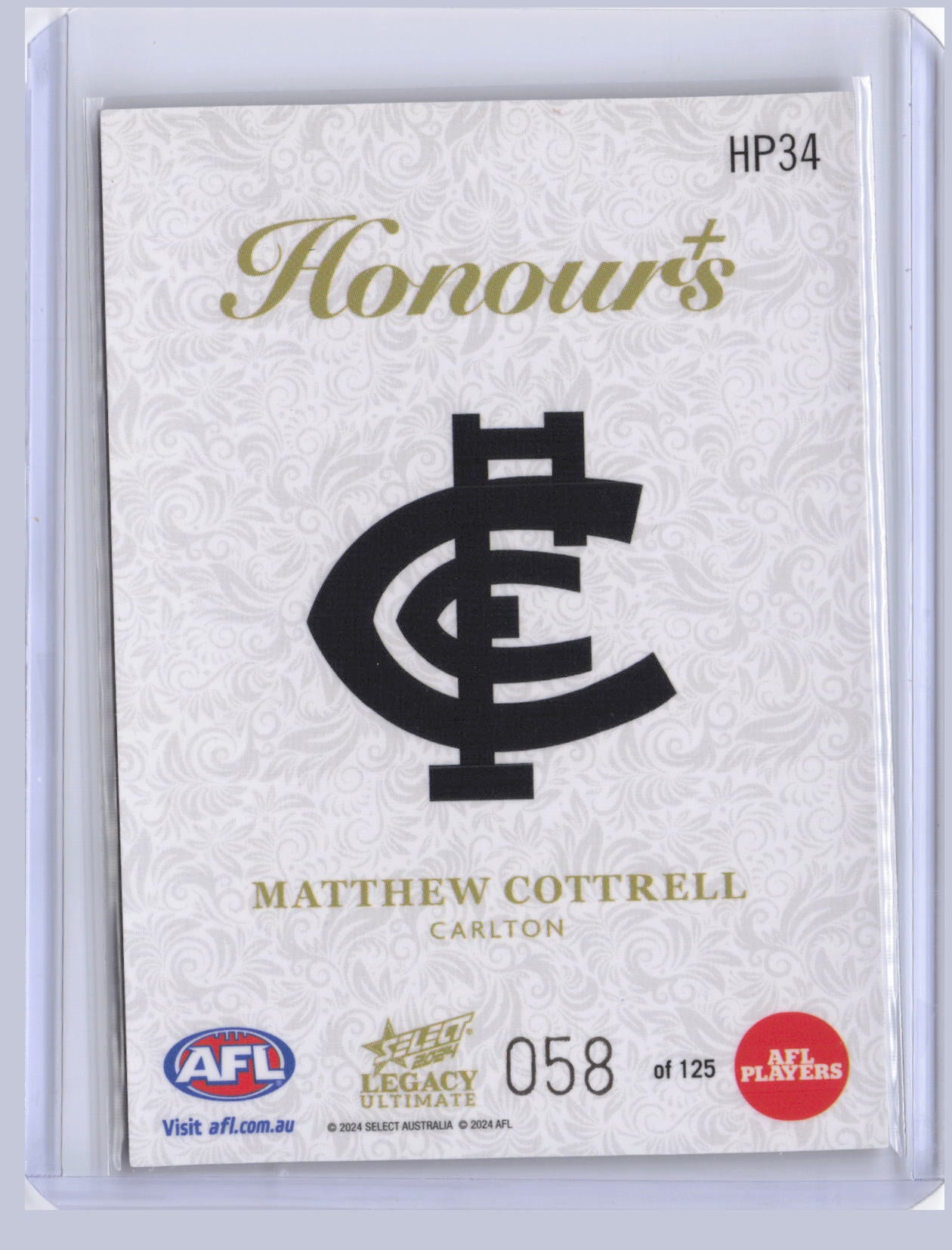 Matthew Cottrell 2024 Select Legacy Ultimate Honours + 058/125