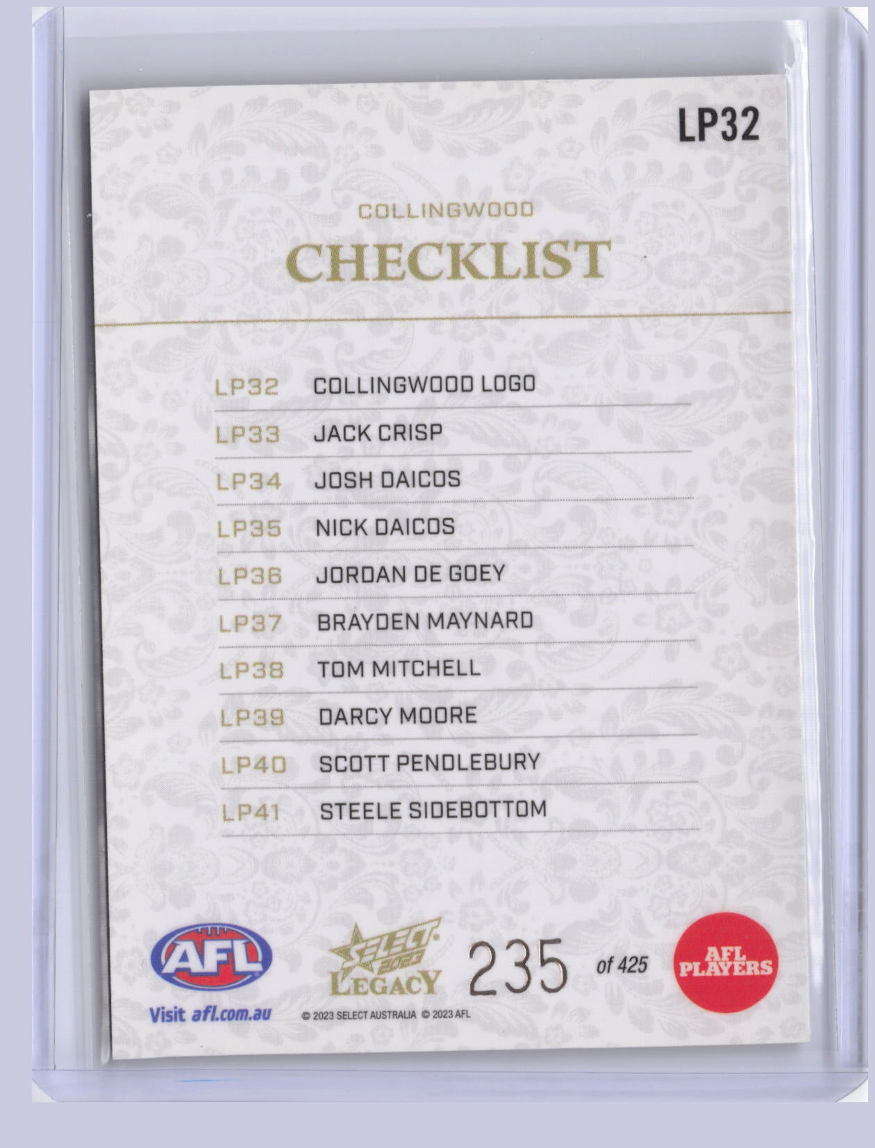 Collingwood Checklist 2023 Select Legacy Plus 235/425