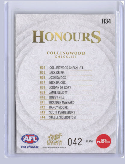 Collingwood Checklist 2024 Select Legacy Ultimate Honours 42/255