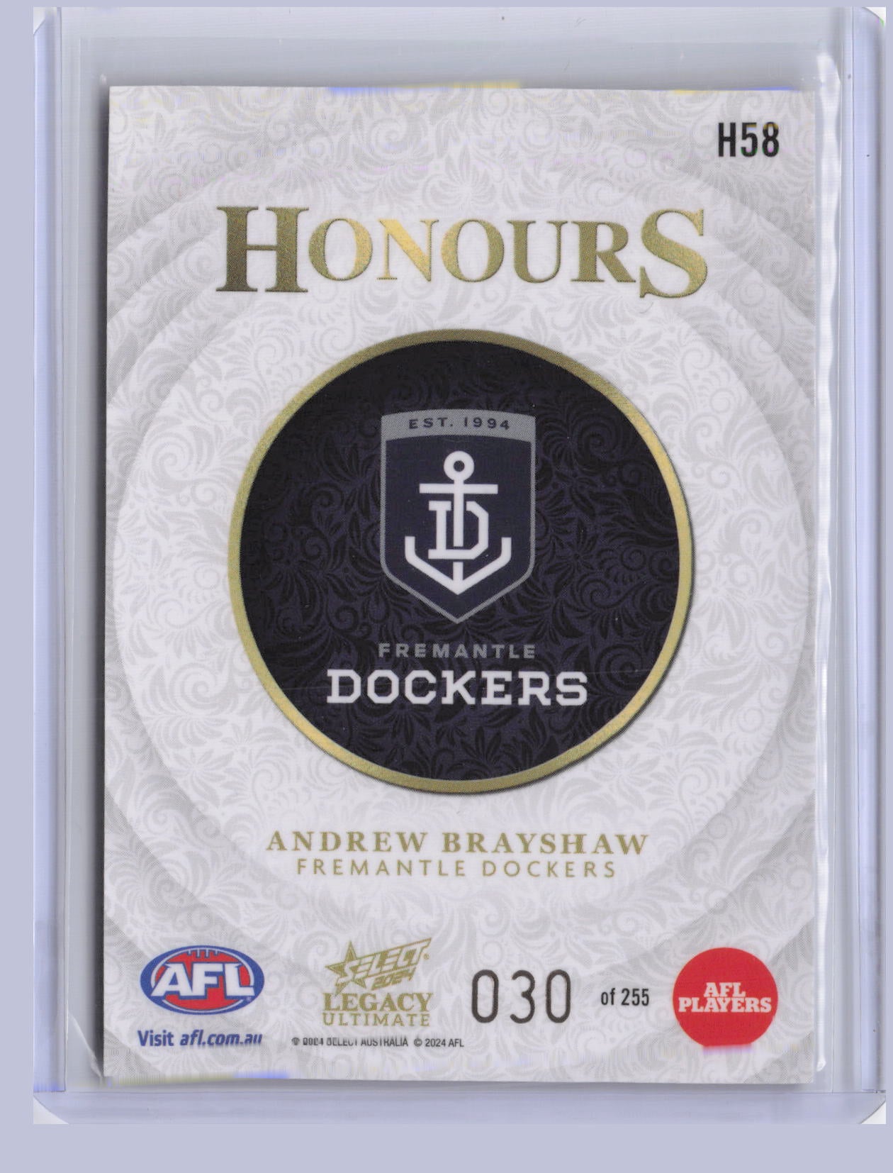 Andrew Brayshaw 2024 Select Legacy Ultimate Honours 30/255