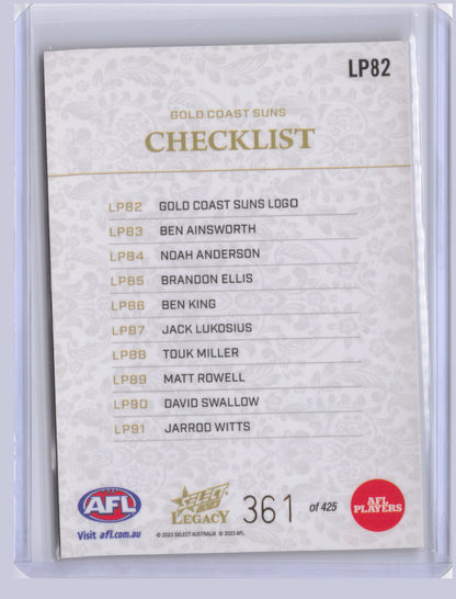 Gold Coast Suns Checklist 2023 Select Legacy Plus 361/425