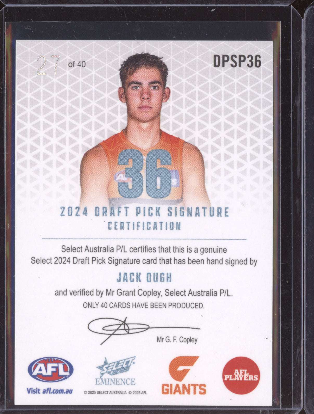 Jack Ough 2025 Select Eminence Draft Pick Signatures Platinum RC 27/40