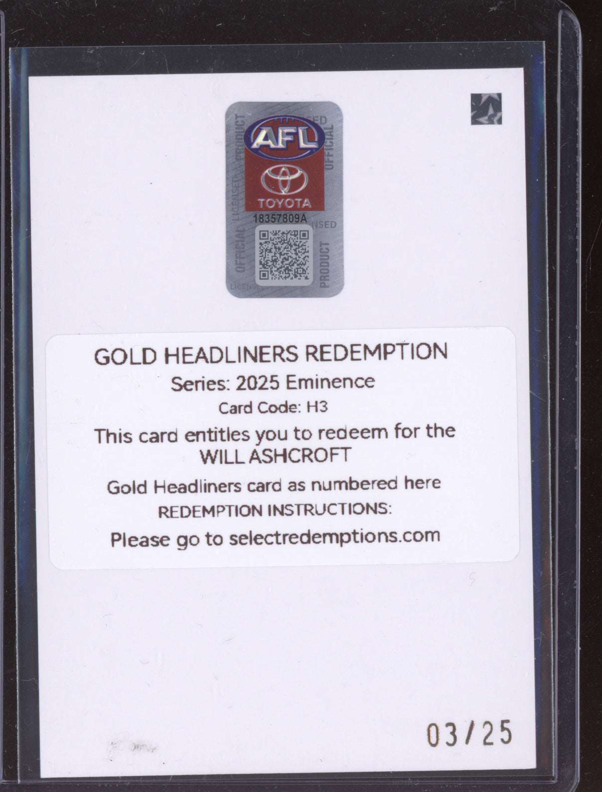 Will Ashcroft 2025 Select Eminence Headliners Gold Redemption Low 03/25