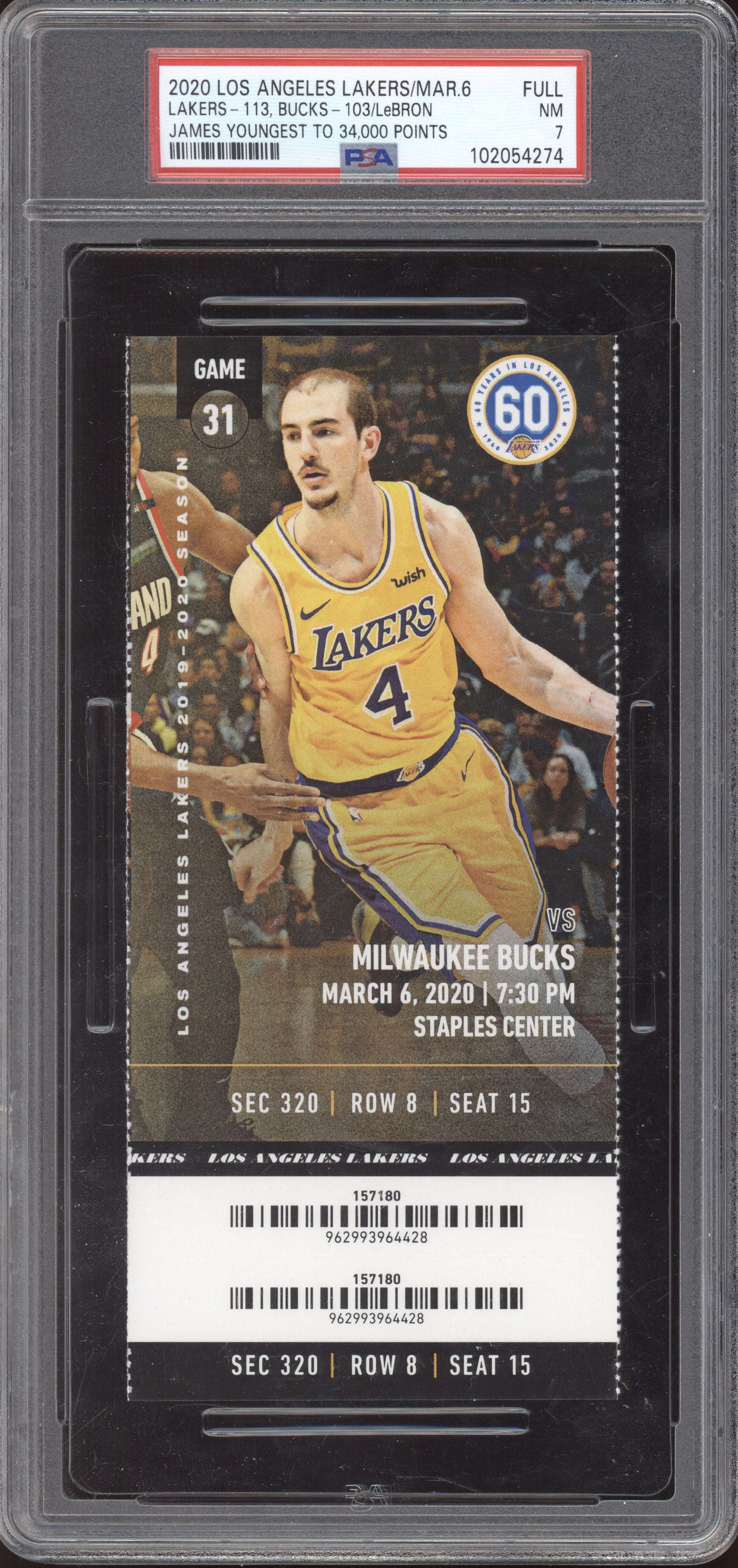 Lebron James Lakers vs Bucks 2020 Ticket Full Youngest to 34k Points PSA  7