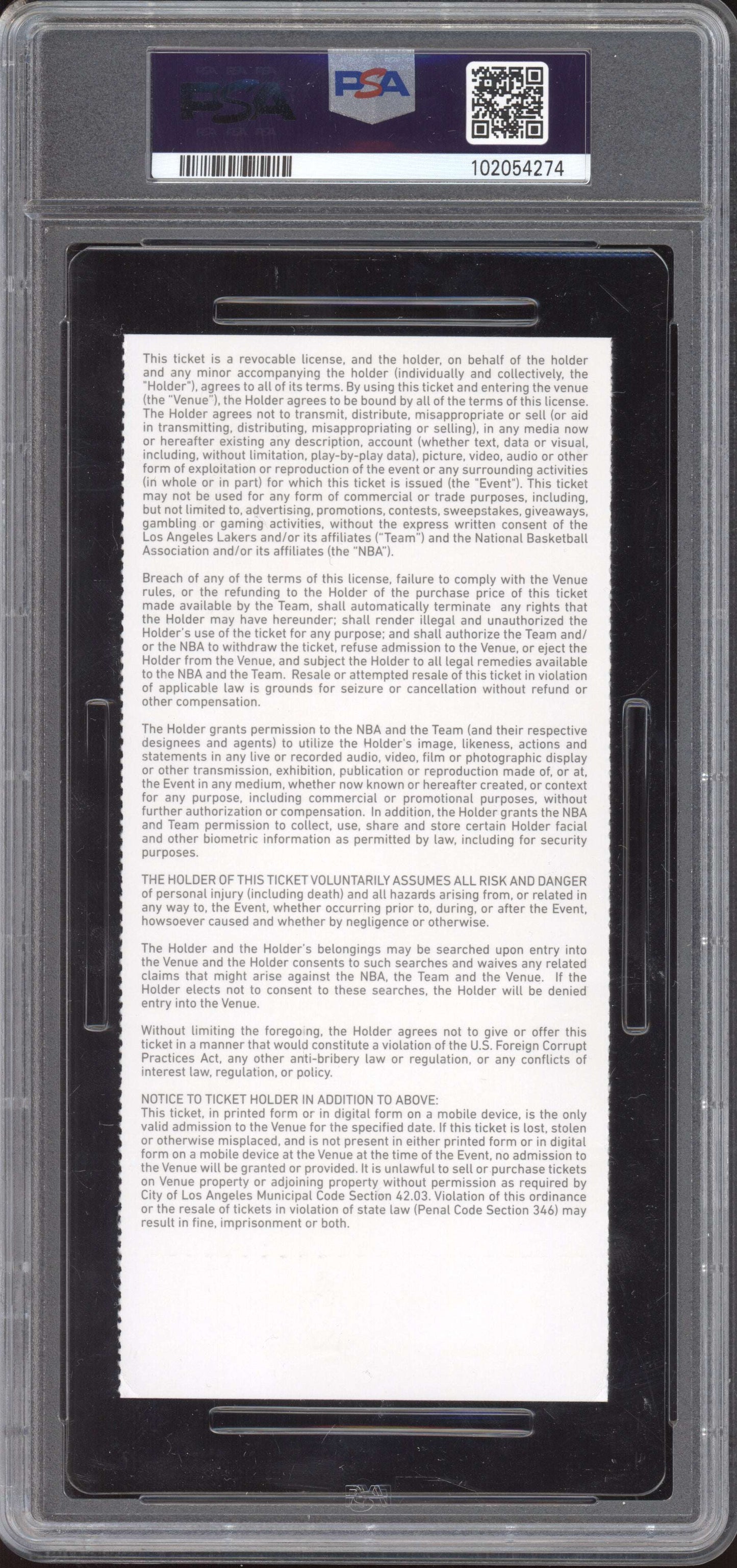 Lebron James Lakers vs Bucks 2020 Ticket Full Youngest to 34k Points PSA  7