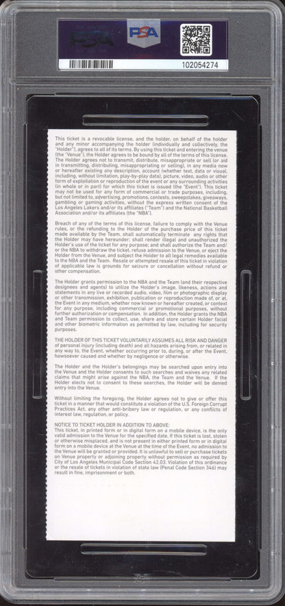 Lebron James Lakers vs Bucks 2020 Ticket Full Youngest to 34k Points PSA  7