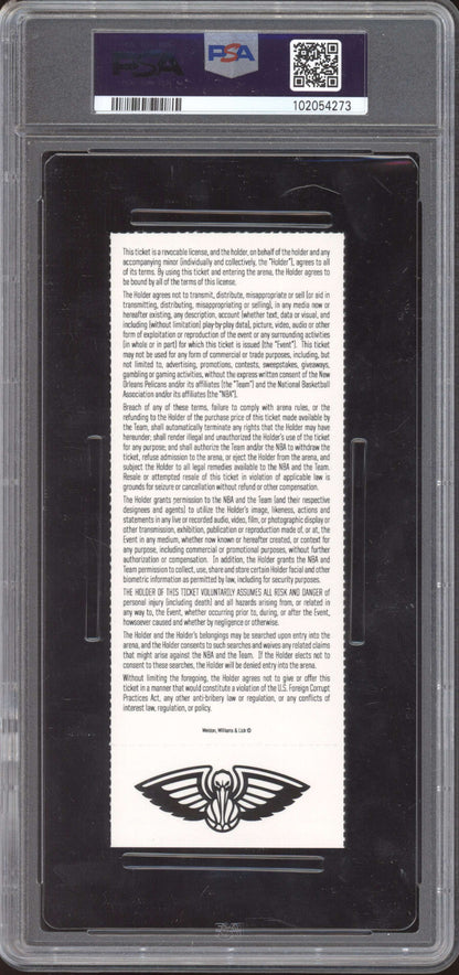 Lebron James Lakers vs Pelicans 2019 Ticket Full Youngest to 33k Points PSA  10