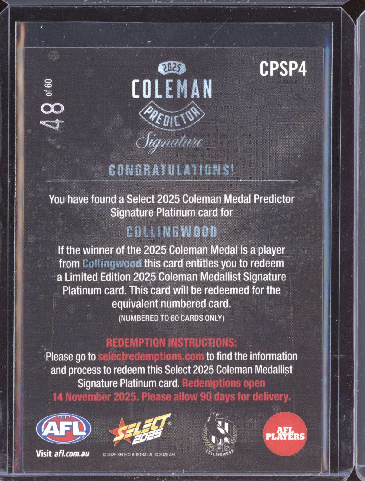 Collingwood 2025 Select Footy Stars Coleman Predictor Signature Platinum 48/60
