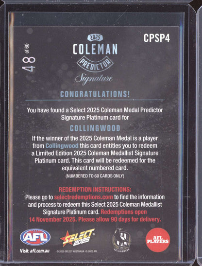 Collingwood 2025 Select Footy Stars Coleman Predictor Signature Platinum 48/60