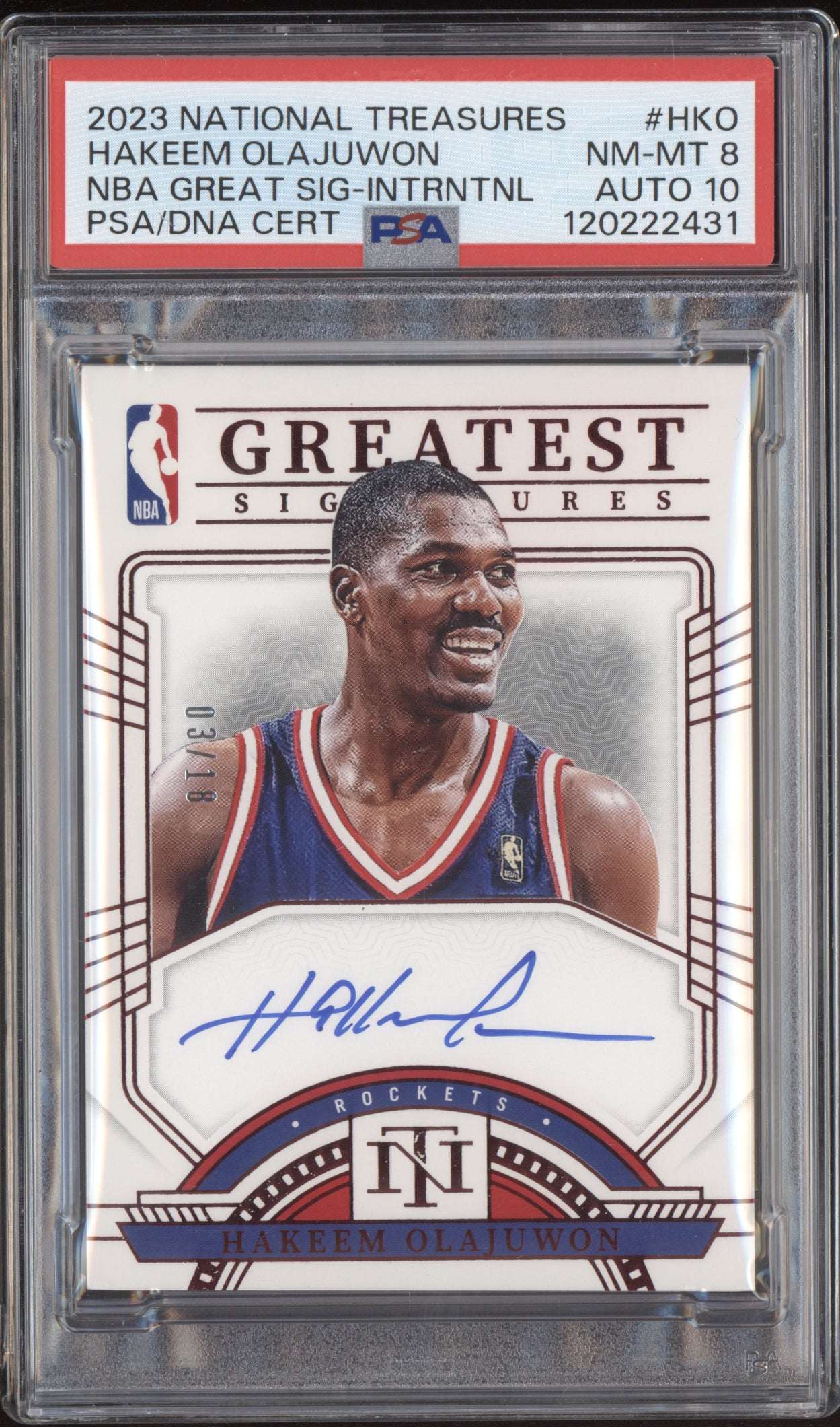 Hakeem Olajuwon 2023 Panini National Treasures NBA Great Auto Inter 03/18 PSA 8