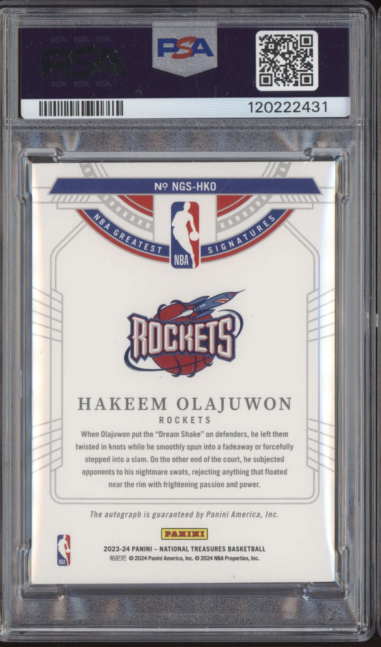 Hakeem Olajuwon 2023 Panini National Treasures NBA Great Auto Inter 03/18 PSA 8