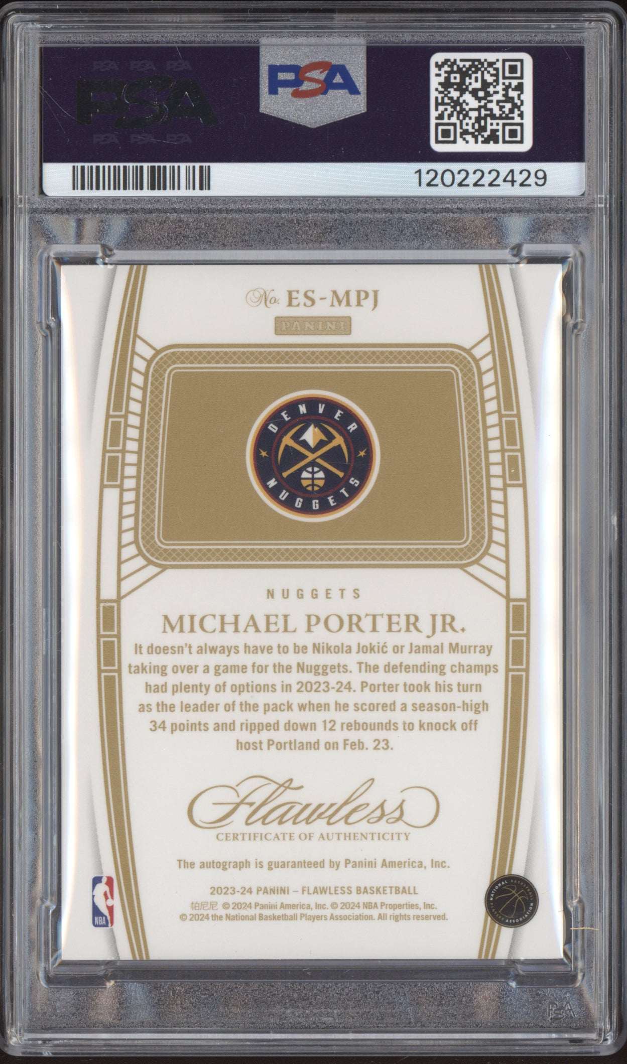 Michael Porter Jr 2023-24 Panini Flawless Excellence Auto Jersey # 1/25 PSA 8