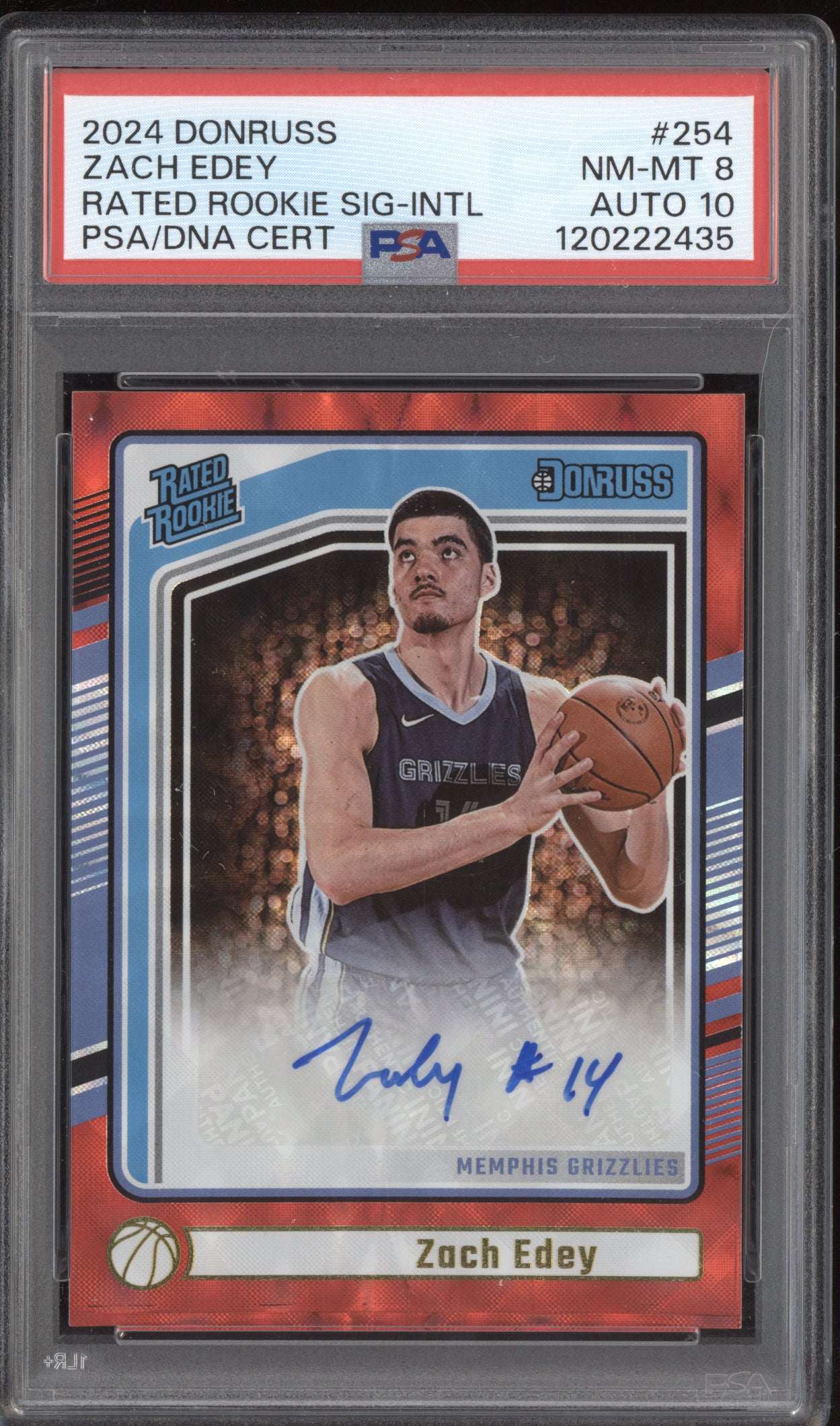 Zach Edey 2024-25 Panini Donruss Rated Rookie Auto International RC PSA 8