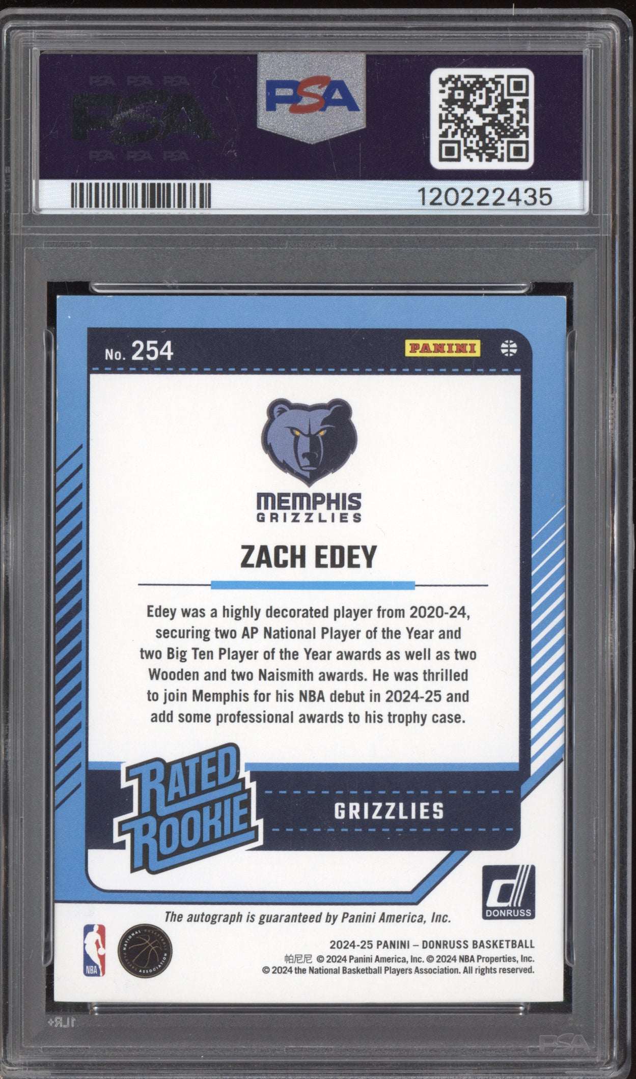 Zach Edey 2024-25 Panini Donruss Rated Rookie Auto International RC PSA 8