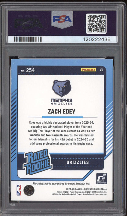 Zach Edey 2024-25 Panini Donruss Rated Rookie Auto International RC PSA 8