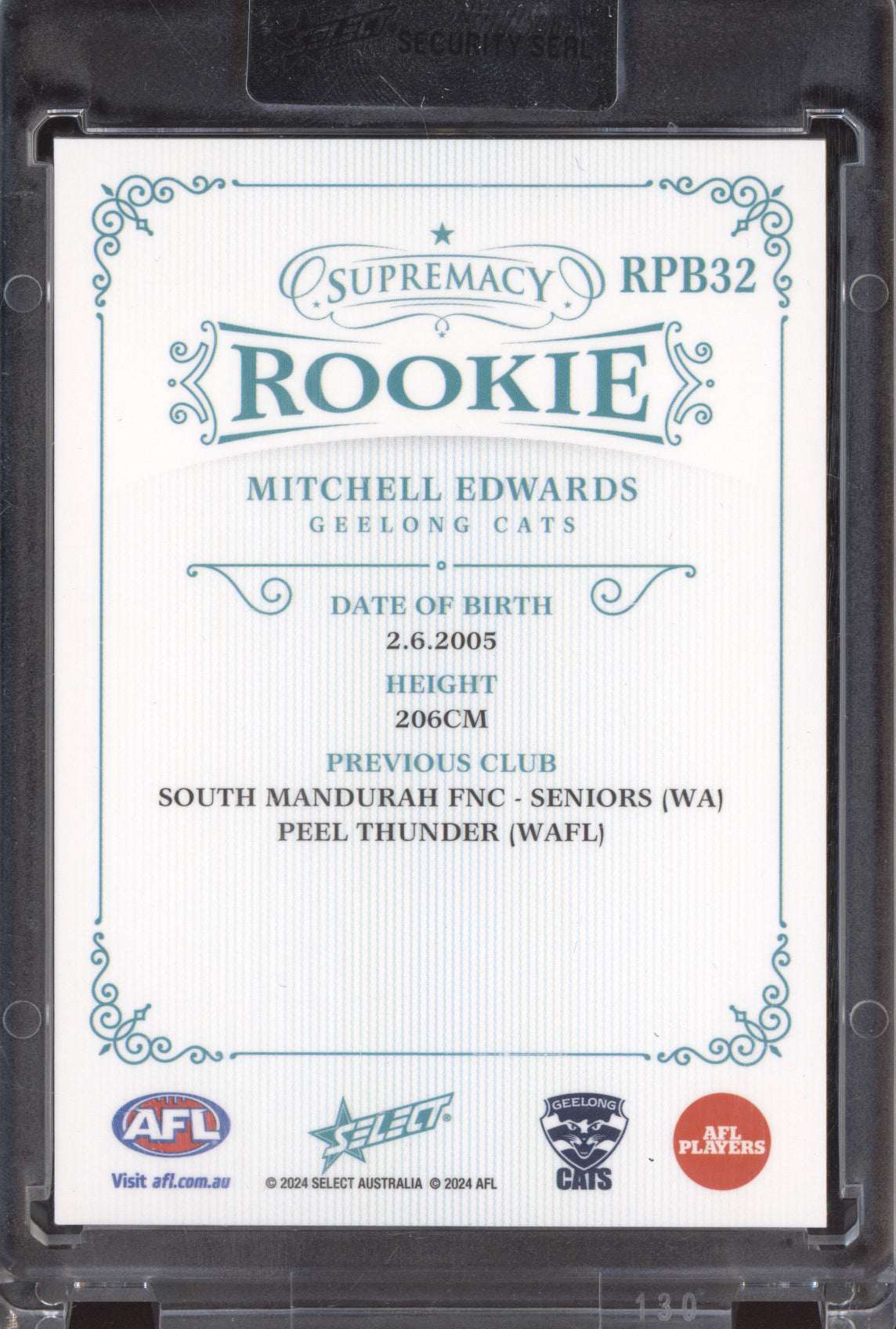 Mitchell Edwards 2024 Select Supremacy Rookies Platinum Blue RC 16/75