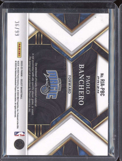Paolo Banchero 2022-23 Panini Select Rookie Jersey Auto Purple RC 36/99