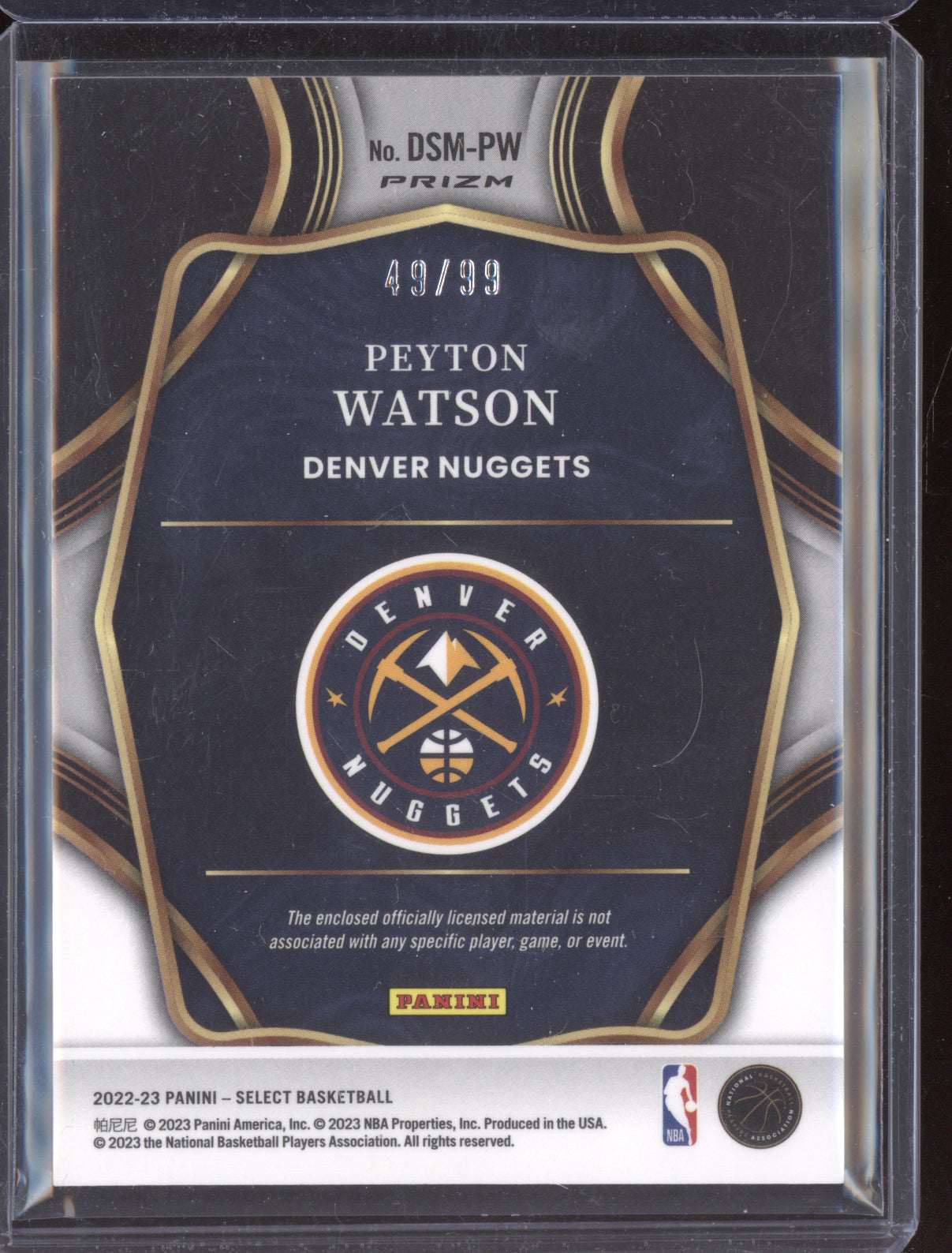 Peyton Watson 2022 Panini Select Draft Selections Material Purple Jersey RC /99