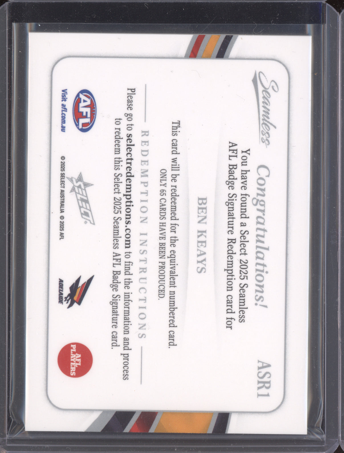 Ben Keays 2025 Select Seamless AFL Badge Signature Redemption 50/65